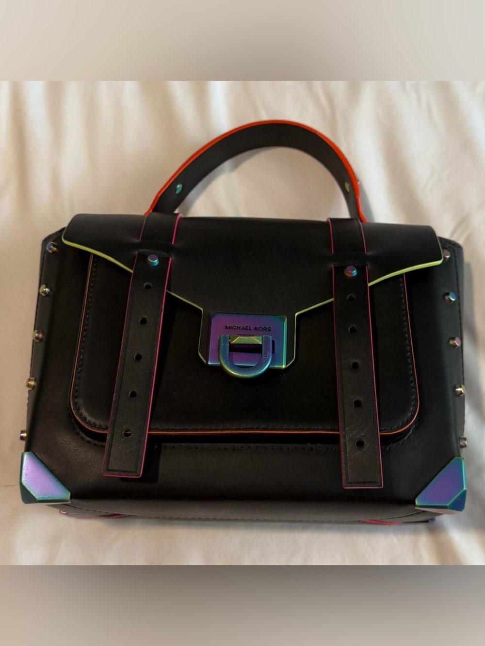 Michael Kors Black Satchel with Neon Trim and Iridescent Hardware